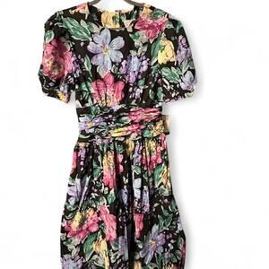 Medium vintage 80s Black floral print wrap dress with ruched waist